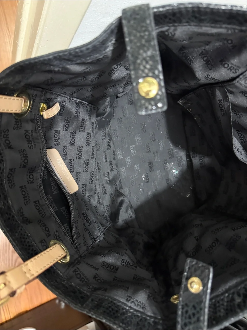 Michael Kors Black Faux-Snake Tote with Tan Shoulder Straps